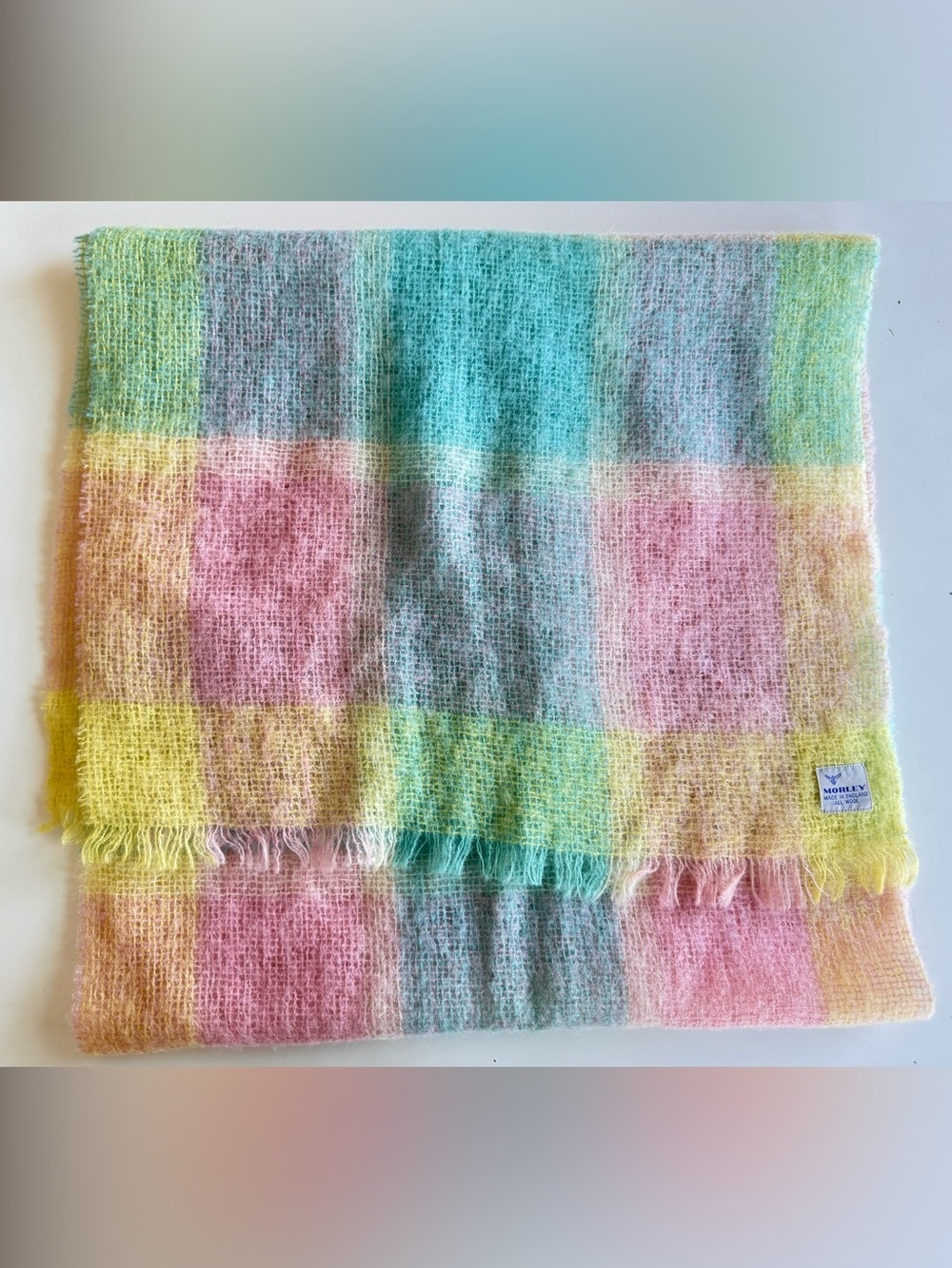 Vintage 70s Morley Wool Blanket Pastel Color Block Plaid Throw Baby Pink
